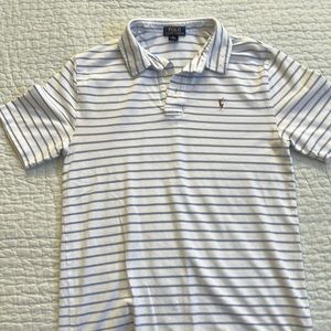 Polo white with blue strip knit shirt. Tennis Collar. Boys size XL (18-20).